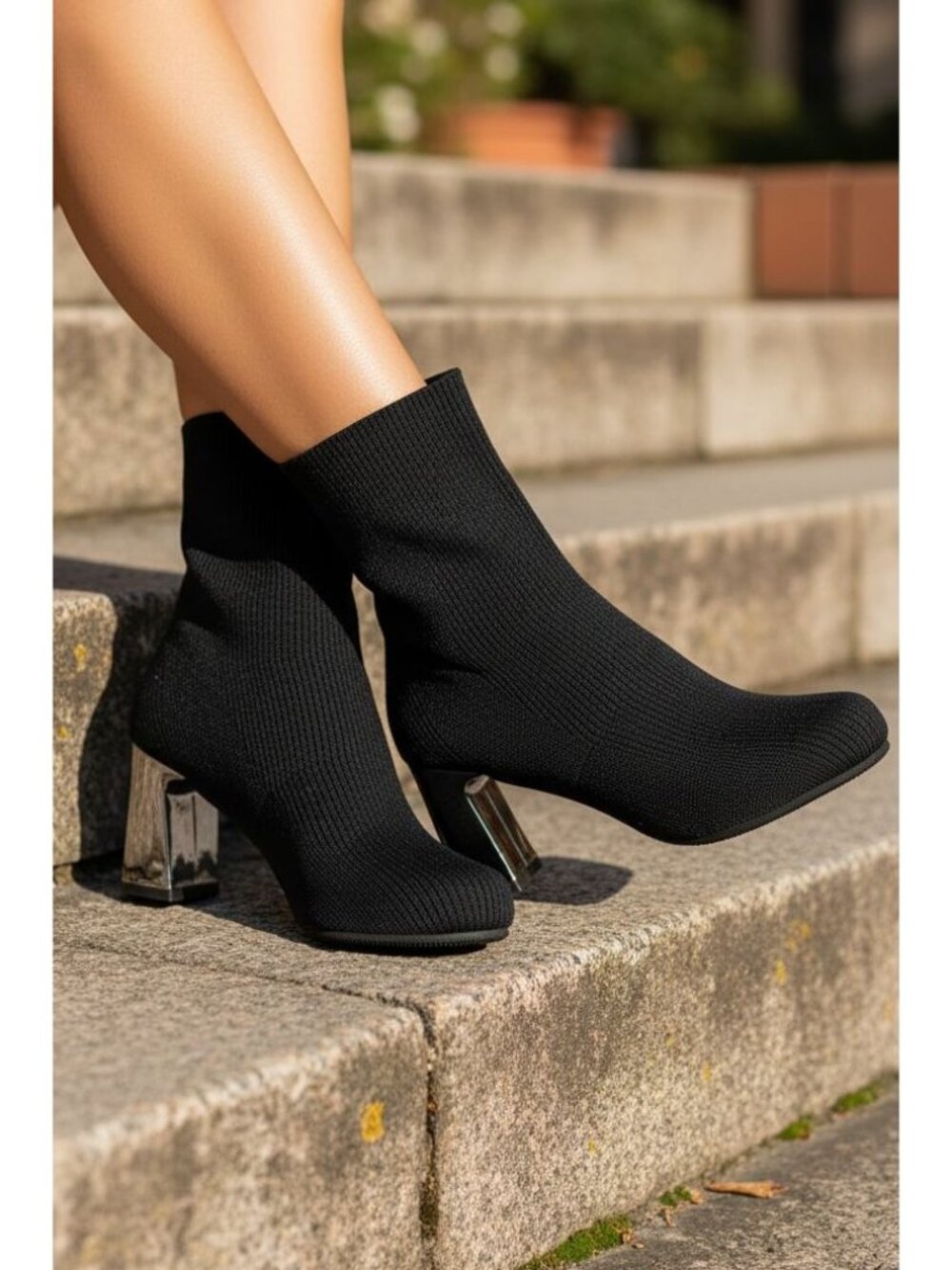 Ribbed Knit Sock Booties Slip-on Round Toe Metallic Block Heel Ankle Boots
